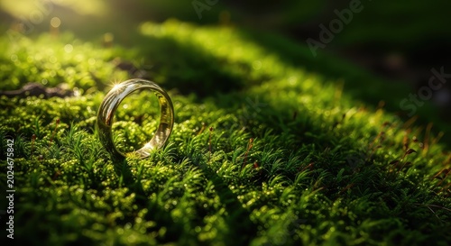A brilliant gold ring lies nestled in lush green moss on the woodland floor, illuminated by soft natural light filtering through the trees, golden, vegetation, peaceful