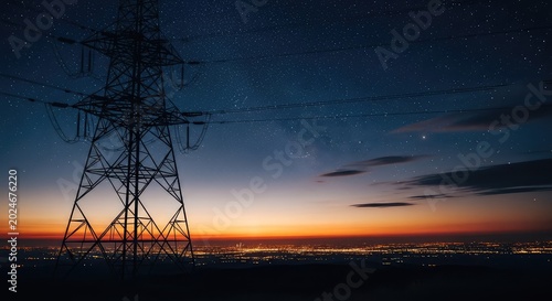 High voltage transmission towers stand tall against a dark evening sky as glowing city lights shimmer in the distance under a starry night, high, city, bright