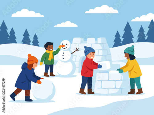 Schilderij op canvas A cheerful scene of children enjoying winter activities, building a snowman and an igloo while playing in the snow amidst a beautifully scenic winter landscape