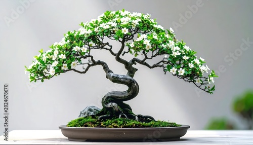 Exquisite Flowering Bonsai Tree Displayed with Lush Green Moss.