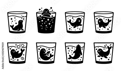 Cute Seal Icons in Glasses, Playful Aquatic Mammal Vector Graphics, Whimsical Sea Animal Illustrations, Fun Bubbles and Water Elements