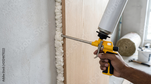 Worker installing a wooden door frame by filling the gap with expanding polyurethane insulation foam using a professional spray gun.