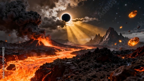Volcanic landscape with lava and celestial event