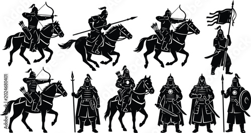 Ancient medieval warriors set including silhouette of mongol cavalry horse archers knights with spears swords shields and banner vector illustration