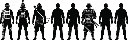 Bild auf Leinwand Set of black silhouettes representing diverse warriors, historical soldiers, modern tactical military troops, futuristic agents, and ancient combat fighters on white background