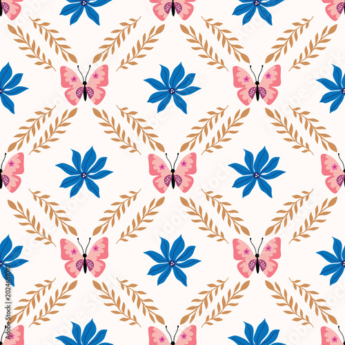 Elegant seamless pattern inspired by Victorian design, with delicate butterflies and classic floral elements in a vintage style. Perfect for wallpaper, fabric, stationery, packaging  