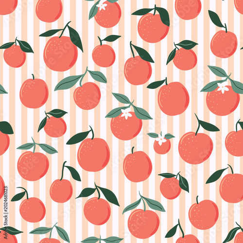 Stylish seamless pattern with fresh oranges  placed over a modern striped background, retro wallpaper for summer projects