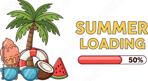 Summer loading concept illustration with tropical beach elements sunglasses watermelon coconut and progress bar vacation design