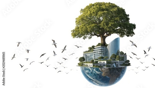 Sustainable Living Concept with Tree, Modern Architecture, Earth and Birds in Flight