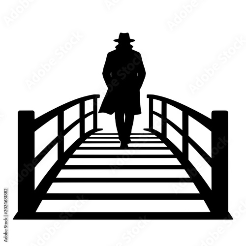 Black silhouette of a man in a hat walking on a bridge, isolated on a transparent background. Perfect for noir concepts.