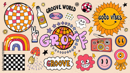 Foto retro groovy sticker collection with psychedelic patterns colorful illustrations