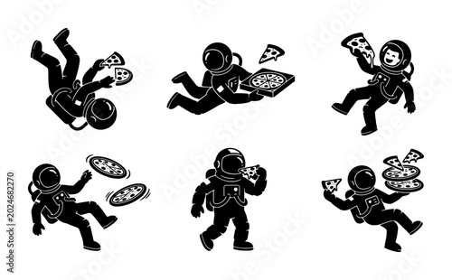 Tableau sur toile Astronauts eating pizza in space, vector icons set