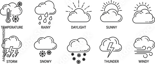 Foto Minimal weather icon collection featuring sunny rainy snowy windy thunderstorm a