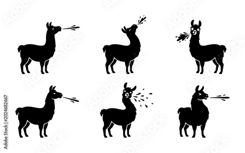Tableau sur toile Six Black Silhouette Llama Icons, Spitting and Eating, Vector Set for Animal Gra