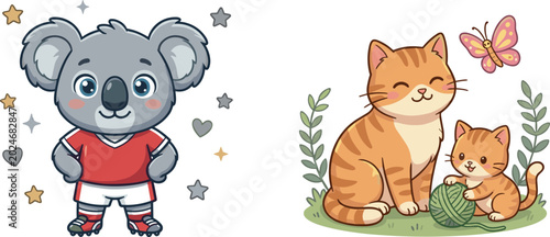 Canvas Print Cute Sports Koala Bear and Sweet Orange Cats with Butterfly Vector Character Set