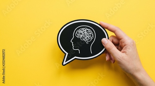 Mental health concept with human brain icon in speech bubble, hand holding psychology symbol on yellow background, neurology and cognitive science
