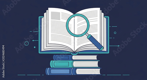 An illustration of a magnifying glass examining an open book on top of stacked books.