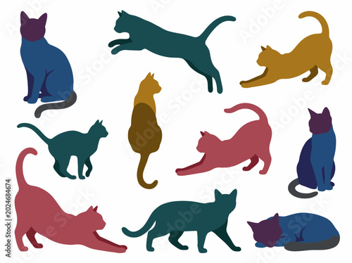Fotografie A vibrant collection of cat silhouettes showcasing different poses and motions, capturing the grace and playfulness of these beloved pets in an artistic way