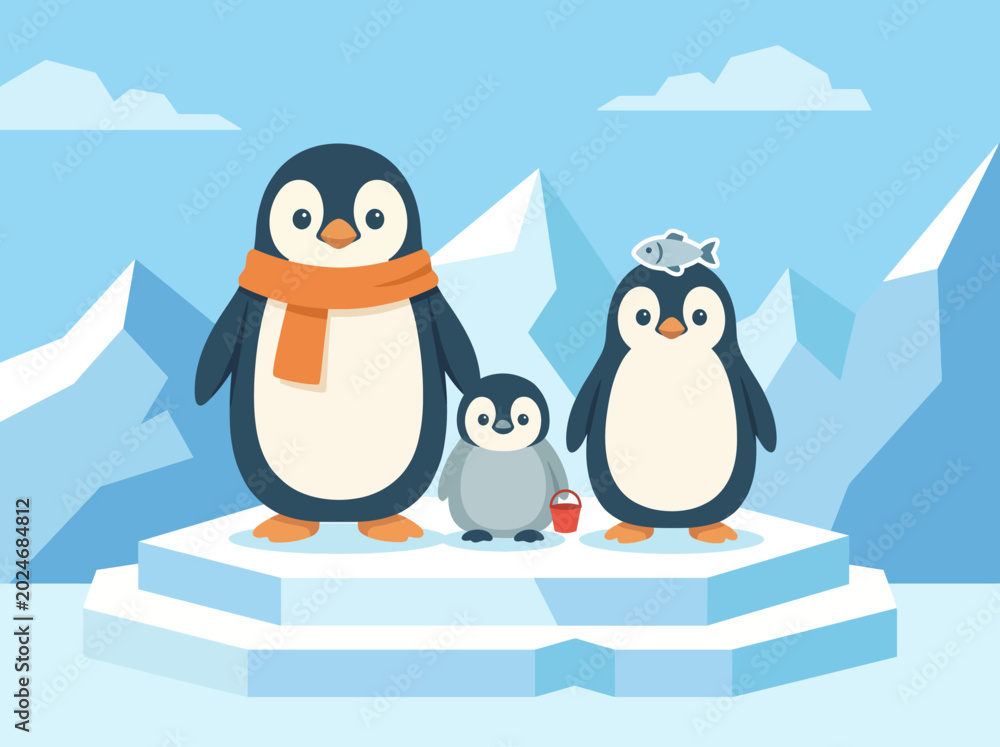 Obraz premium A charming illustration of a family of three penguins on a floating iceberg, set against icy blue mountains, evoking feelings of warmth and family unity in a frozen landscape.