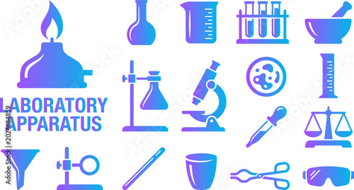 Фотография Collection of laboratory apparatus icons for science and education on white background gradient blue purple