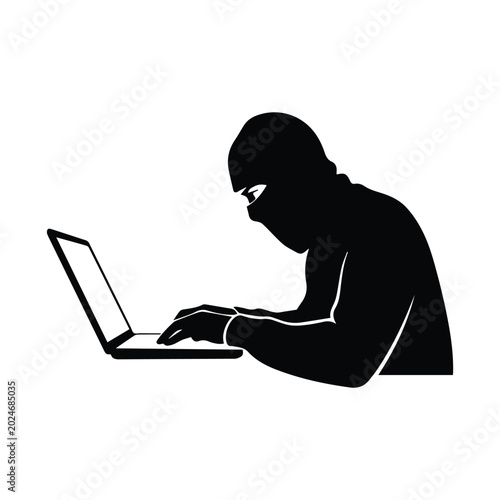 Fotografie Hacker wearing mask typing on laptop computer, cybercrime concept, digital security vector illustration