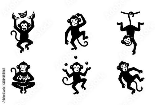 Canvas Print Playful Monkey Vector Icons Set: Silhouettes of Chimpanzees in Various Poses, Ju