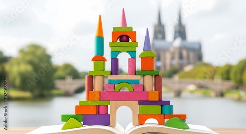 Colorful wooden blocks castle construction on an open book with blurred European cathedral background