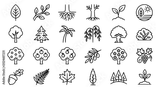 Trees line icon set with roots branches leaves fruit evergreen and tropical vector pictograms