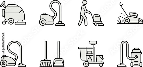 Fotografía Cleaning Equipment and Housekeeping Icon Set with Vacuum Cleaner, Mop, Broom, Fl