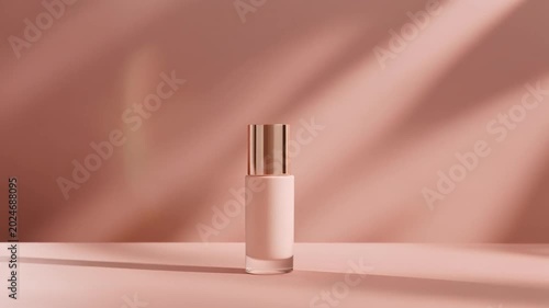 Close-up of a pink perfume bottle with gold cap on a pink surface with soft shadows and warm tones.