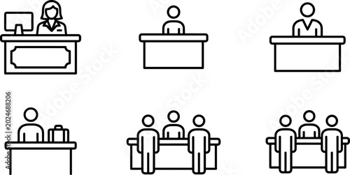 Quadro su tela Reception Desk and Customer Service Icon Set with Office Staff, Help Counters, B
