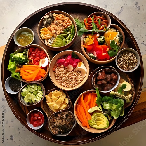 Diverse healthy food assortment arranged on platter