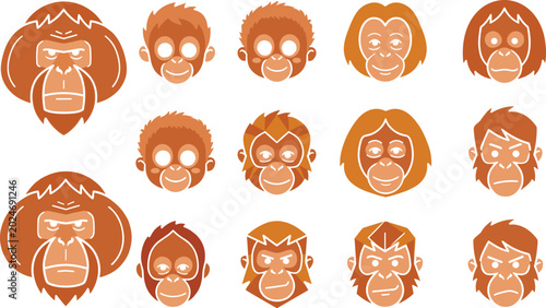 Canvas Print Cute Orangutan and Ape Avatar Head Collection Featuring Various Primate Expressi