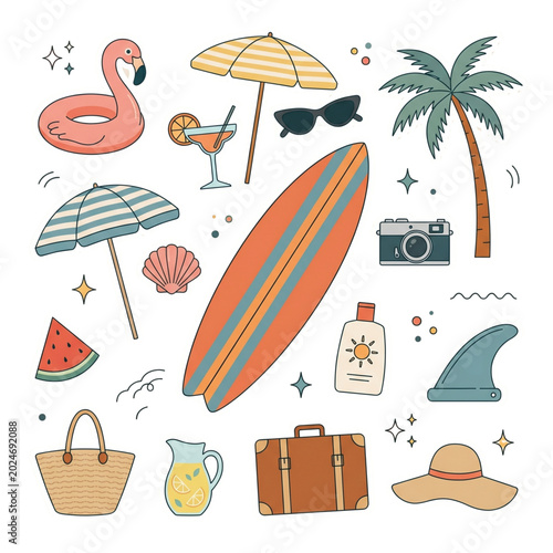 Retro Coastal Summer Sticker Pack Vector Set, Surf Beach Vacation Lifestyle Icons Collection
