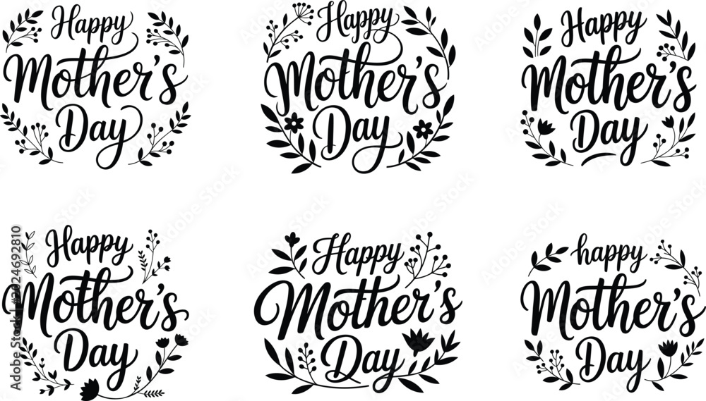 Fototapeta premium Happy Mother's Day, Mother's Day Cards, Floral Typography, Black and White Vector Illustrations, Greeting Card Design Elements