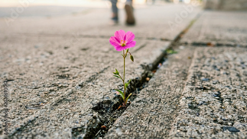 Pink wildflower growing through crack in concrete sidewalk, resilience hope concept, strength adversity ,life persistence, nature breakthrough, perseverance overcoming obstacle