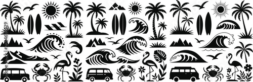 Summer vacation icons, beach travel symbols, tropical silhouette set, black vector graphics