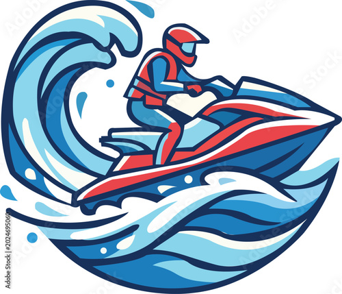 Foto Stylized jet ski icon with rider and dynamic wave elements, flat color design us