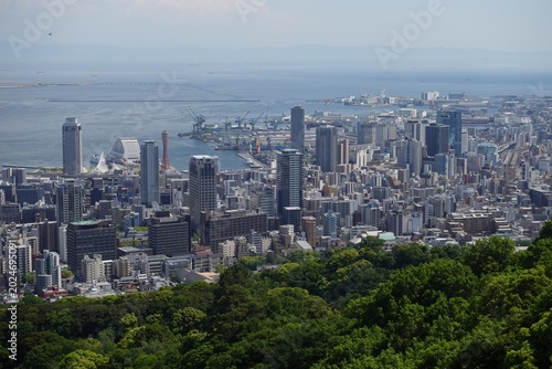 Fotografi japan kobe hyogo Harbor city skyline with port buildings and coastal sea view