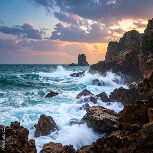 Dramatic coastline at sunset with crashing waves