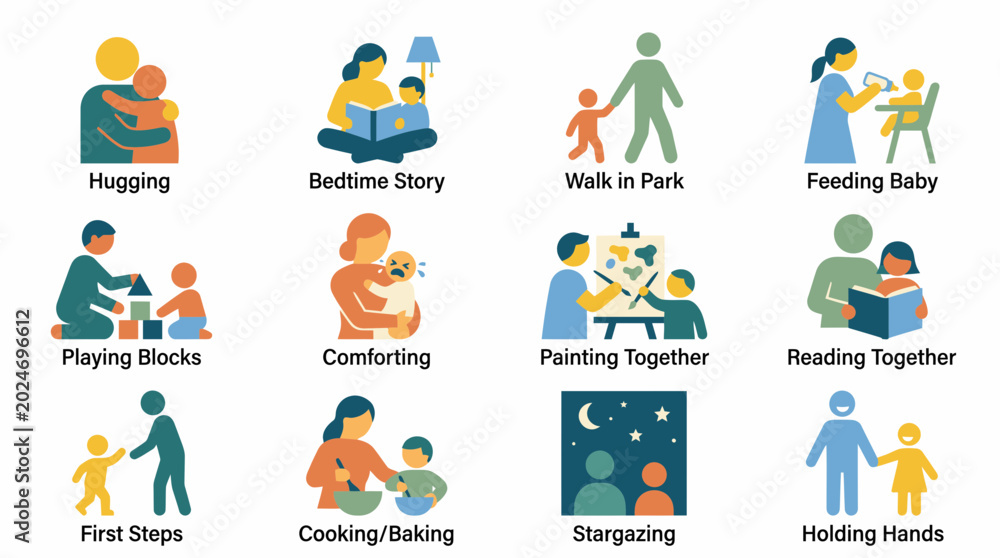 Fototapeta premium Set of flat vector icons showing parents and children daily activities