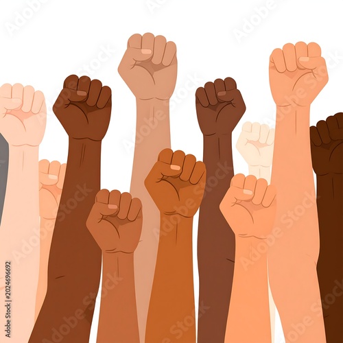 Diverse raised fists signal unity and strength