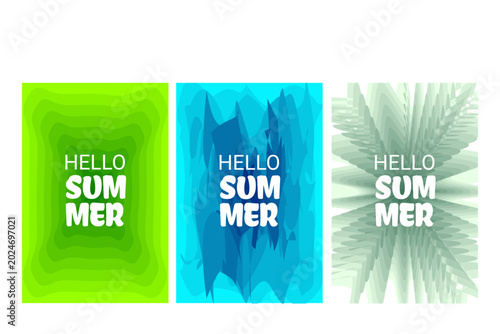 Hello Summer Vector Poster Templates Set with Abstract Wave and Palm Leaves Backgrounds