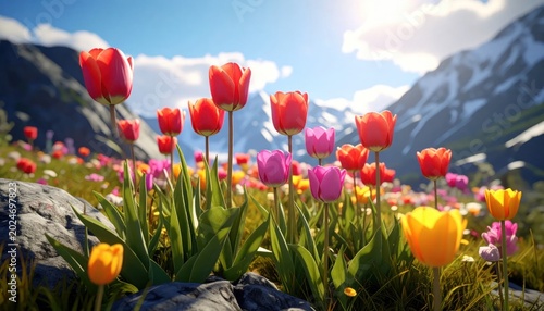 Vibrant Tulip Field in a Mountainous Landscape Under a Sunny Sky.