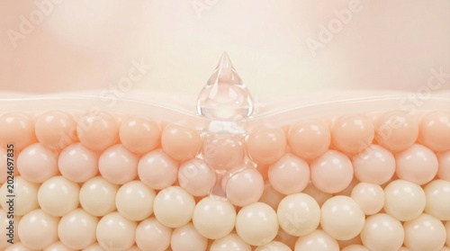 A 3D render illustrating a clear serum droplet penetrating layers of skin cells, showing a hydrating or rejuvenating effect on a delicate, plump, and healthy dermis.