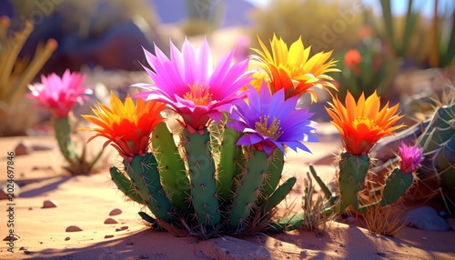 Vibrant Desert Cactus Flowers Blooming in Sunlight.