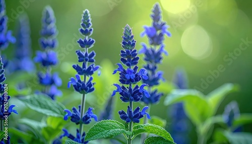 Vibrant Blue Salvia Flowers Blooming in a Lush Green Garden.