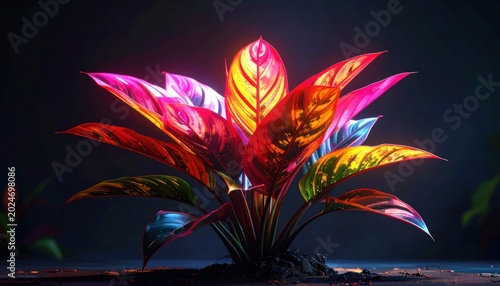 Vibrant Neon Plant with Glowing Leaves in Dark Environment.