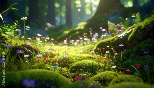 Enchanting Forest Floor with Wildflowers and Moss in Sunlight.