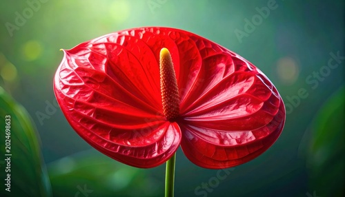 Vibrant Red Anthurium Flower with Soft Green Background.